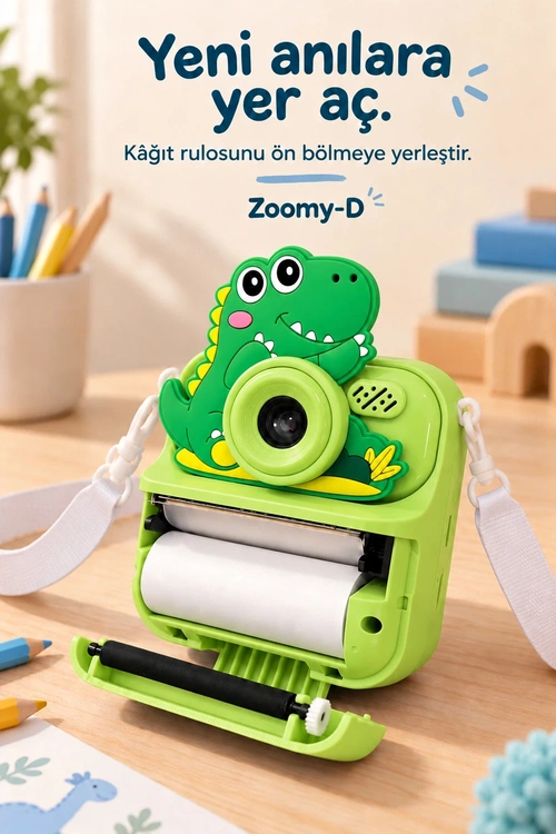 KATJMER KJ/ZM-002 ZOOMY-D DİNOZOR FİGÜRLÜ ANINDA BASKILI ÇOCUK KAMERASI - YEŞİL - Görsel 5