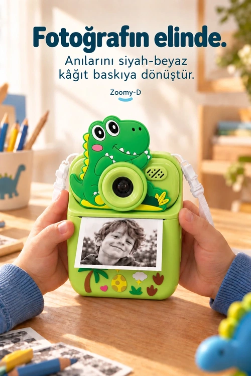 KATJMER KJ/ZM-002 ZOOMY-D DİNOZOR FİGÜRLÜ ANINDA BASKILI ÇOCUK KAMERASI - YEŞİL - Görsel 2