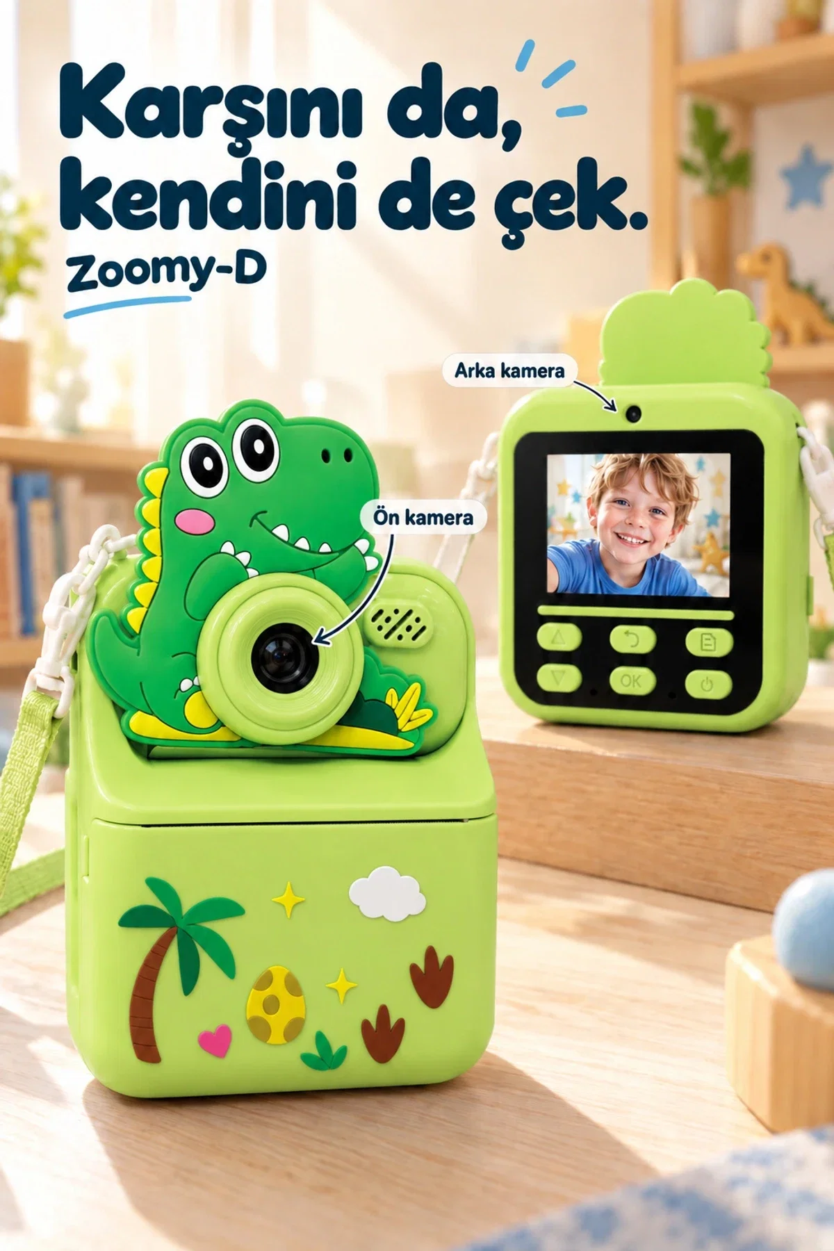KATJMER KJ/ZM-002 ZOOMY-D DİNOZOR FİGÜRLÜ ANINDA BASKILI ÇOCUK KAMERASI - YEŞİL - Görsel 3