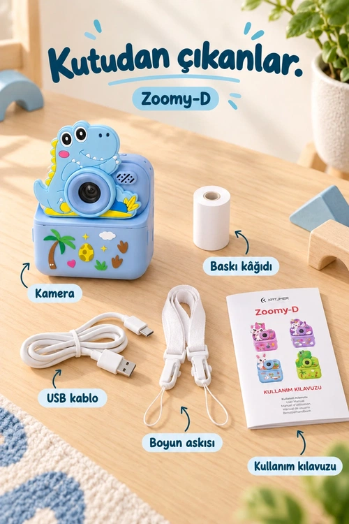 KATJMER KJ/ZM-002 ZOOMY-D DİNOZOR FİGÜRLÜ ANINDA BASKILI ÇOCUK KAMERASI - MAVİ - Görsel 7
