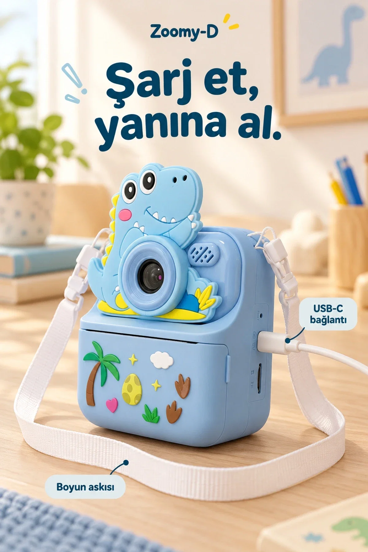 KATJMER KJ/ZM-002 ZOOMY-D DİNOZOR FİGÜRLÜ ANINDA BASKILI ÇOCUK KAMERASI - MAVİ - Görsel 6