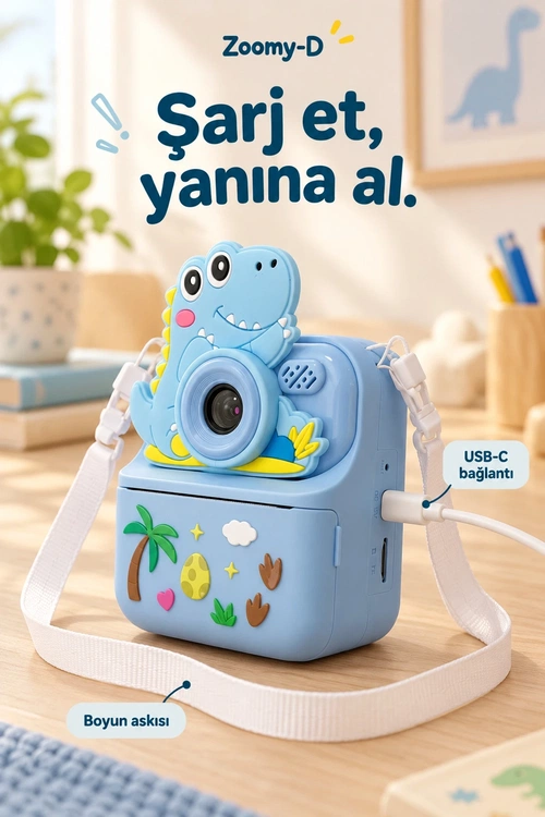 KATJMER KJ/ZM-002 ZOOMY-D DİNOZOR FİGÜRLÜ ANINDA BASKILI ÇOCUK KAMERASI - MAVİ - Görsel 6