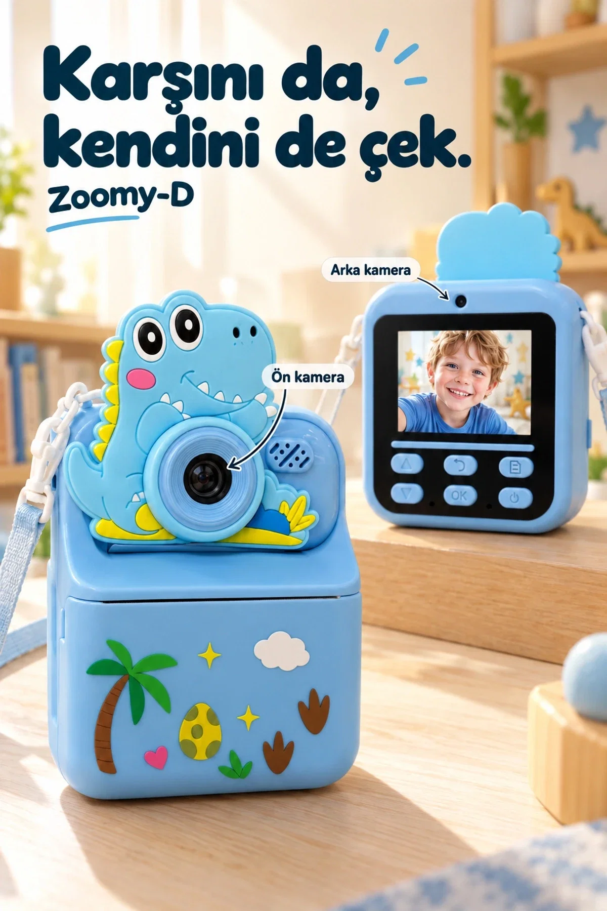 KATJMER KJ/ZM-002 ZOOMY-D DİNOZOR FİGÜRLÜ ANINDA BASKILI ÇOCUK KAMERASI - MAVİ - Görsel 3
