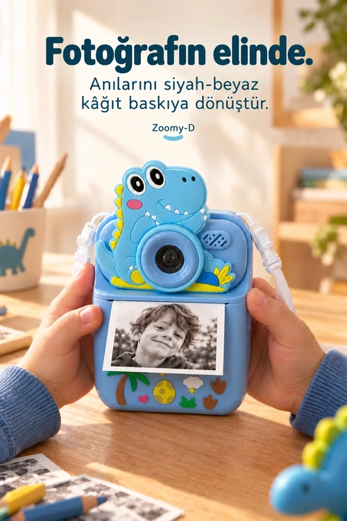 KATJMER KJ/ZM-002 ZOOMY-D DİNOZOR FİGÜRLÜ ANINDA BASKILI ÇOCUK KAMERASI - MAVİ - Görsel 2