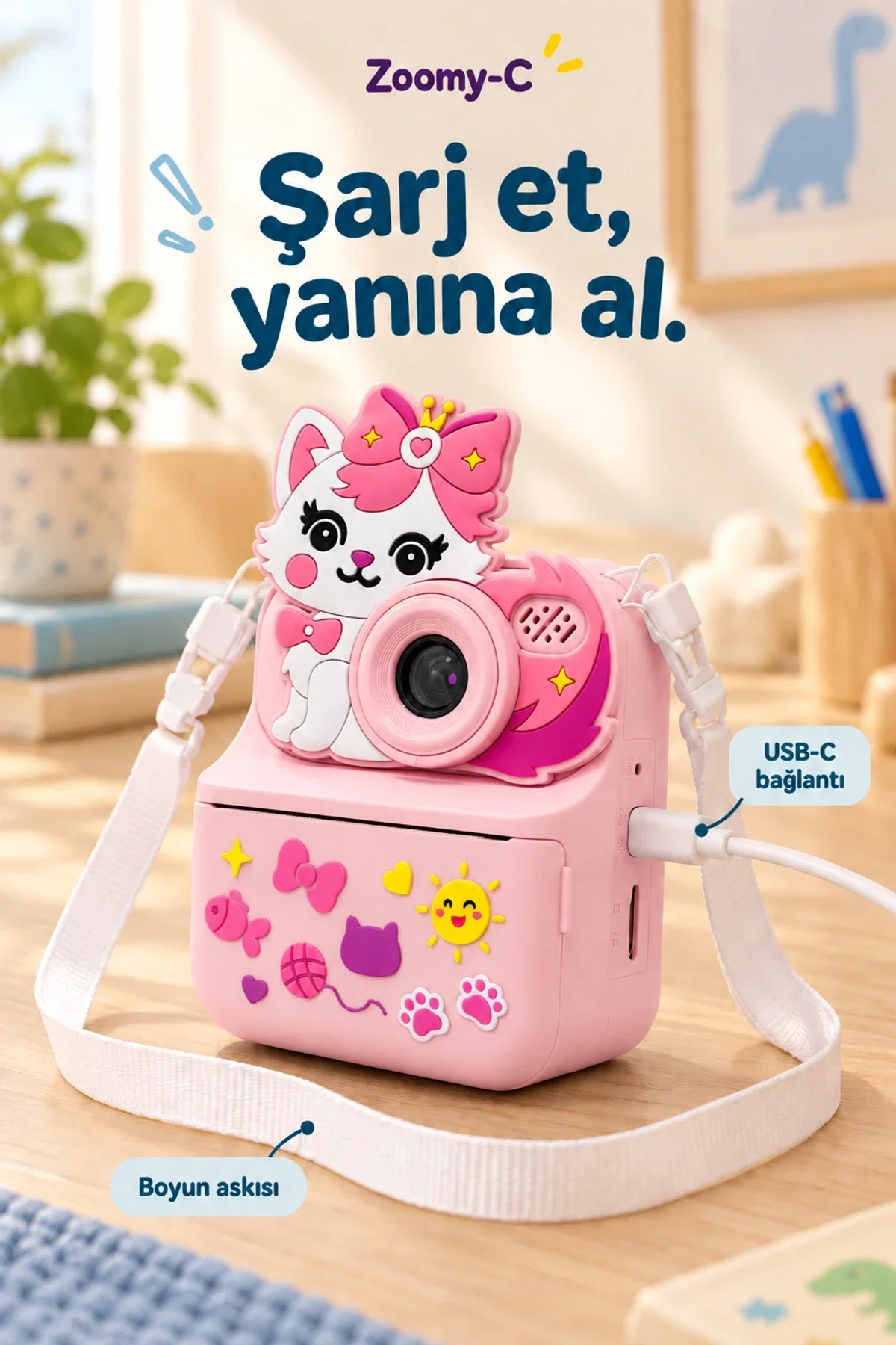 KATJMER KJ/ZM-001 ZOOMY-C KEDİ FİGÜRLÜ ANINDA BASKILI ÇOCUK KAMERASI - PEMBE - Görsel 6