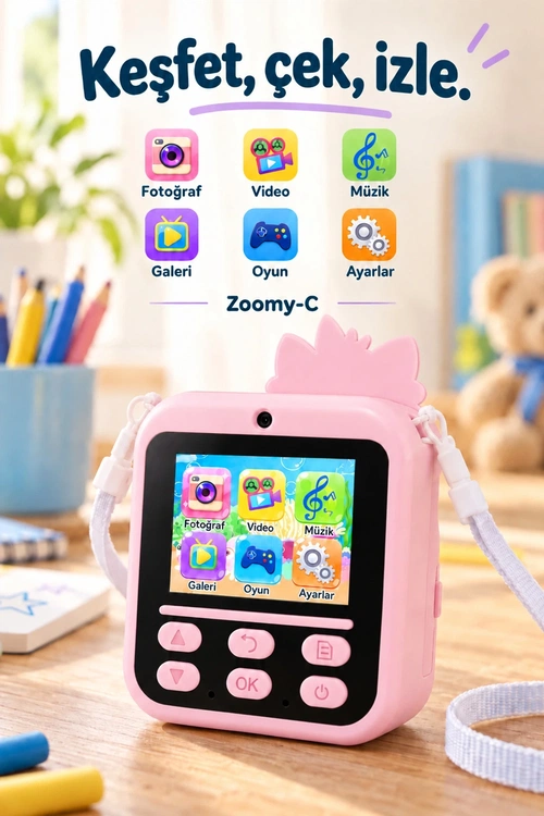 KATJMER KJ/ZM-001 ZOOMY-C KEDİ FİGÜRLÜ ANINDA BASKILI ÇOCUK KAMERASI - PEMBE - Görsel 4