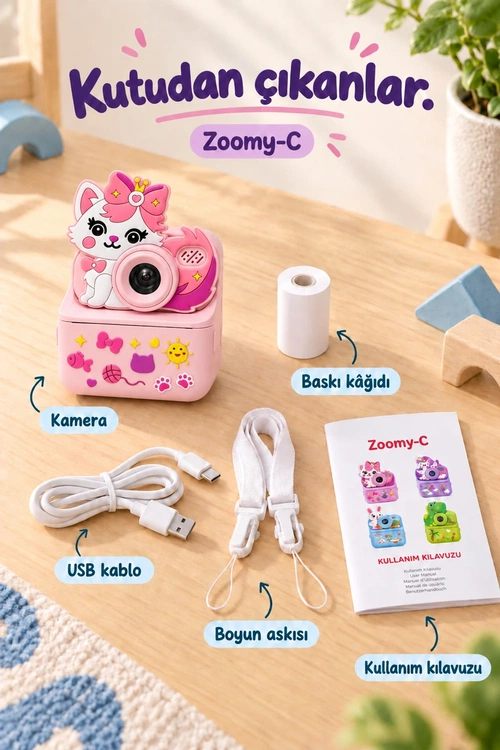 KATJMER KJ/ZM-001 ZOOMY-C KEDİ FİGÜRLÜ ANINDA BASKILI ÇOCUK KAMERASI - PEMBE - Görsel 7