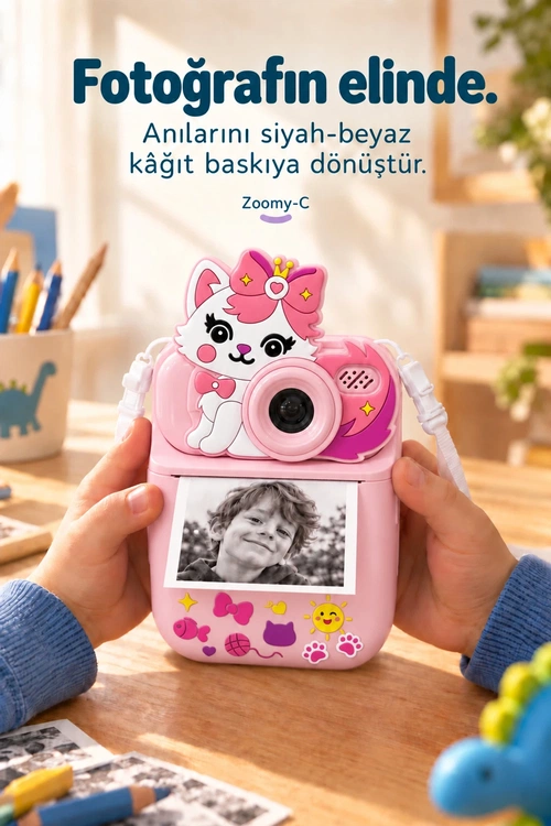 KATJMER KJ/ZM-001 ZOOMY-C KEDİ FİGÜRLÜ ANINDA BASKILI ÇOCUK KAMERASI - PEMBE - Görsel 2