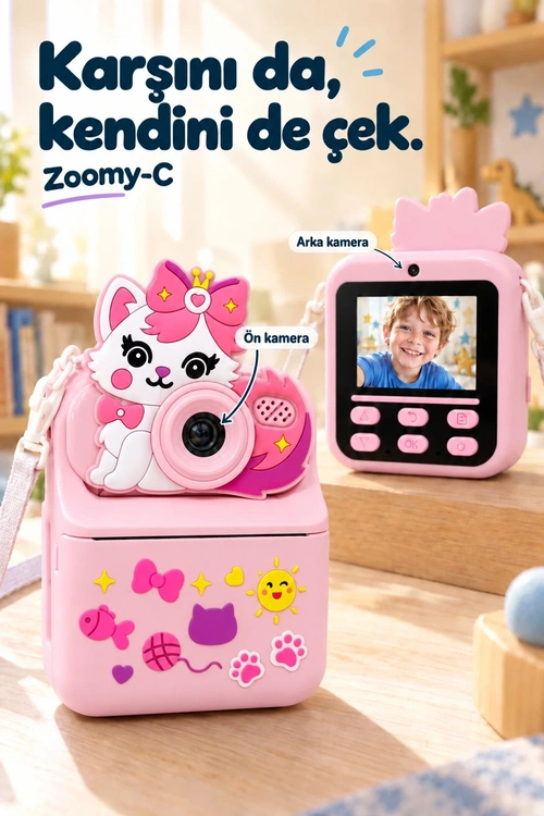 KATJMER KJ/ZM-001 ZOOMY-C KEDİ FİGÜRLÜ ANINDA BASKILI ÇOCUK KAMERASI - PEMBE - Görsel 3