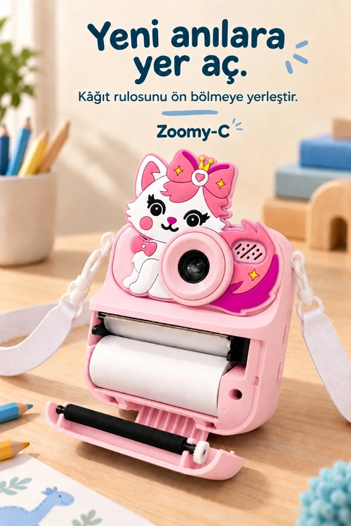 KATJMER KJ/ZM-001 ZOOMY-C KEDİ FİGÜRLÜ ANINDA BASKILI ÇOCUK KAMERASI - PEMBE - Görsel 5