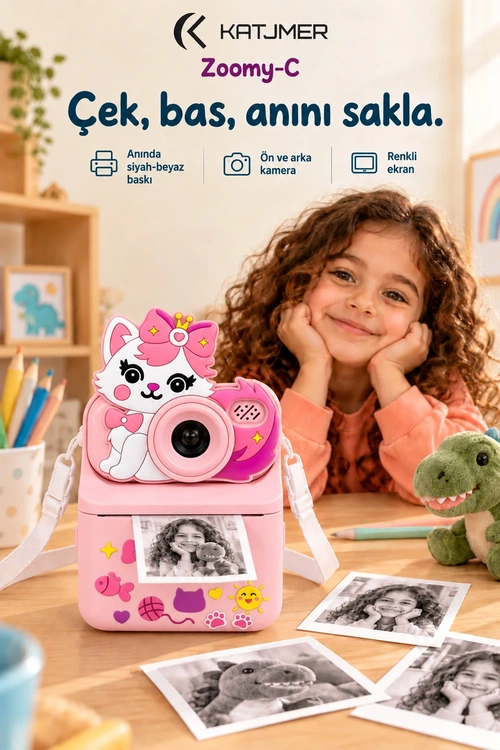 KATJMER KJ/ZM-001 ZOOMY-C KEDİ FİGÜRLÜ ANINDA BASKILI ÇOCUK KAMERASI - PEMBE - Görsel 1