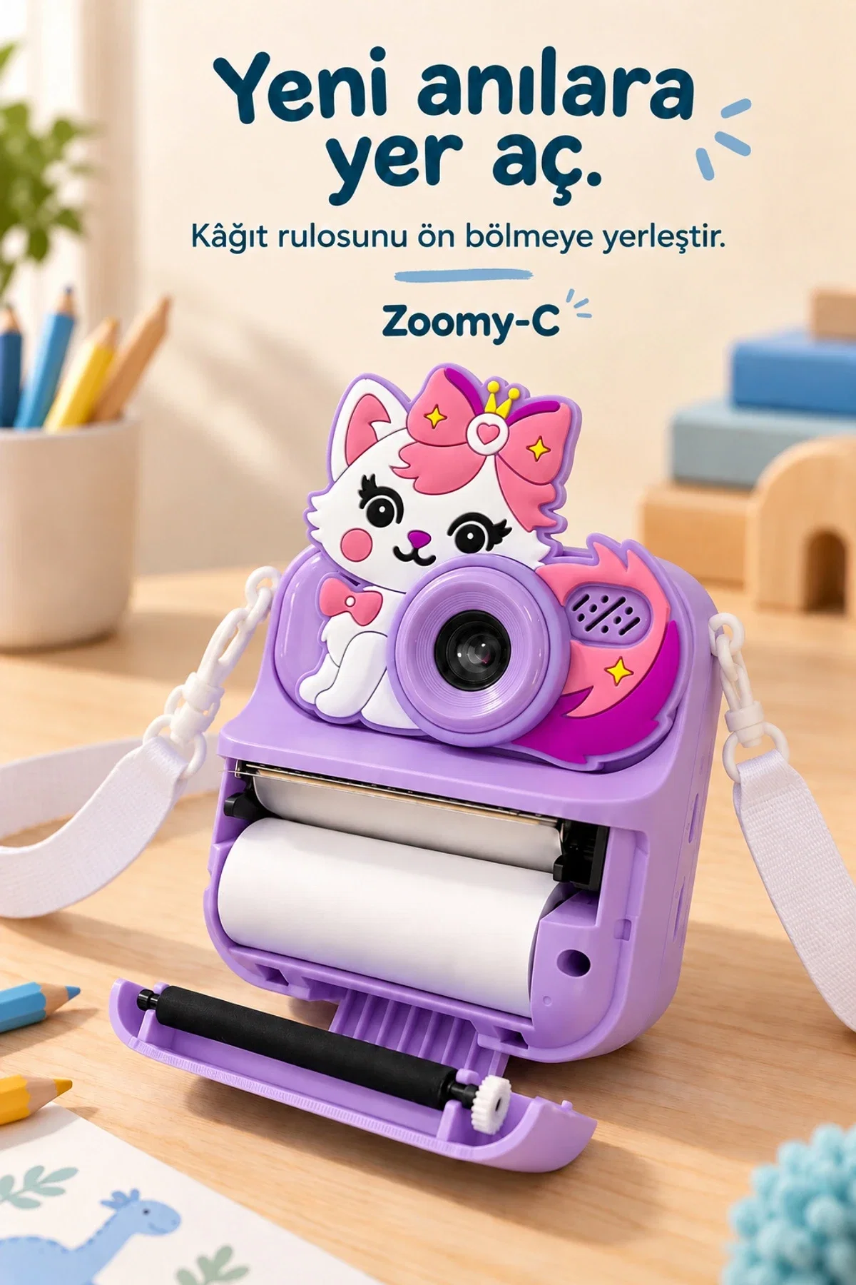 KATJMER KJ/ZM-001 ZOOMY-C KEDİ FİGÜRLÜ ANINDA BASKILI ÇOCUK KAMERASI - MOR - Görsel 5