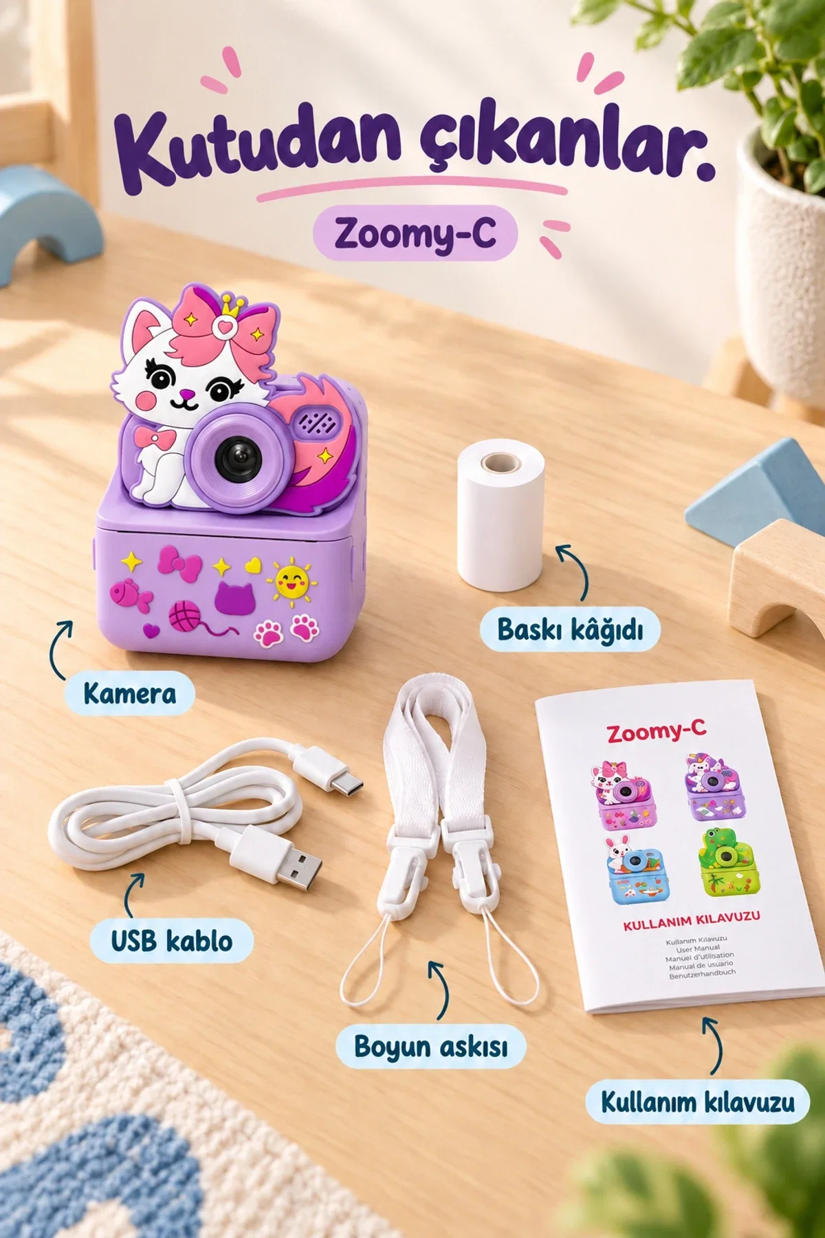KATJMER KJ/ZM-001 ZOOMY-C KEDİ FİGÜRLÜ ANINDA BASKILI ÇOCUK KAMERASI - MOR - Görsel 7