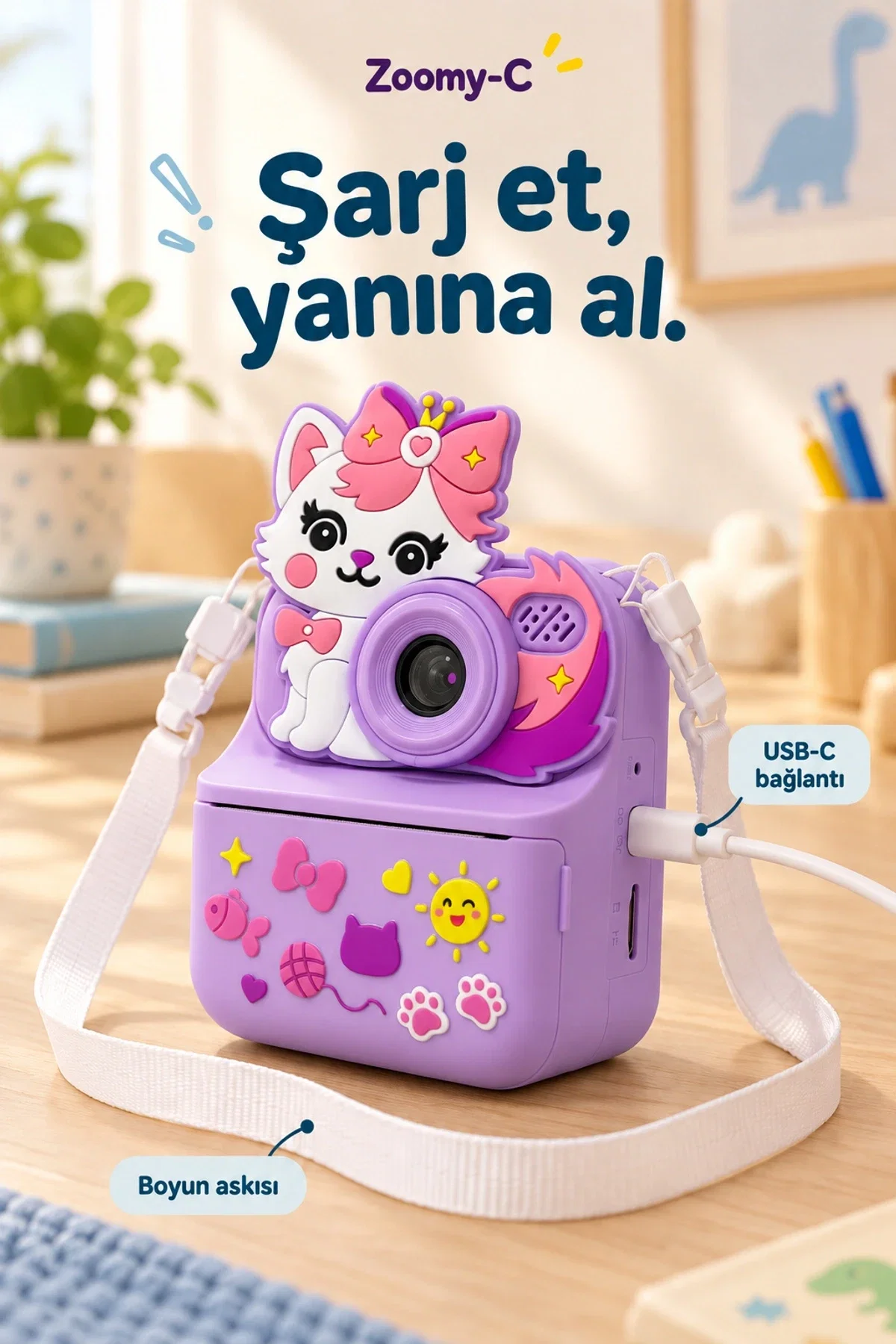 KATJMER KJ/ZM-001 ZOOMY-C KEDİ FİGÜRLÜ ANINDA BASKILI ÇOCUK KAMERASI - MOR - Görsel 6
