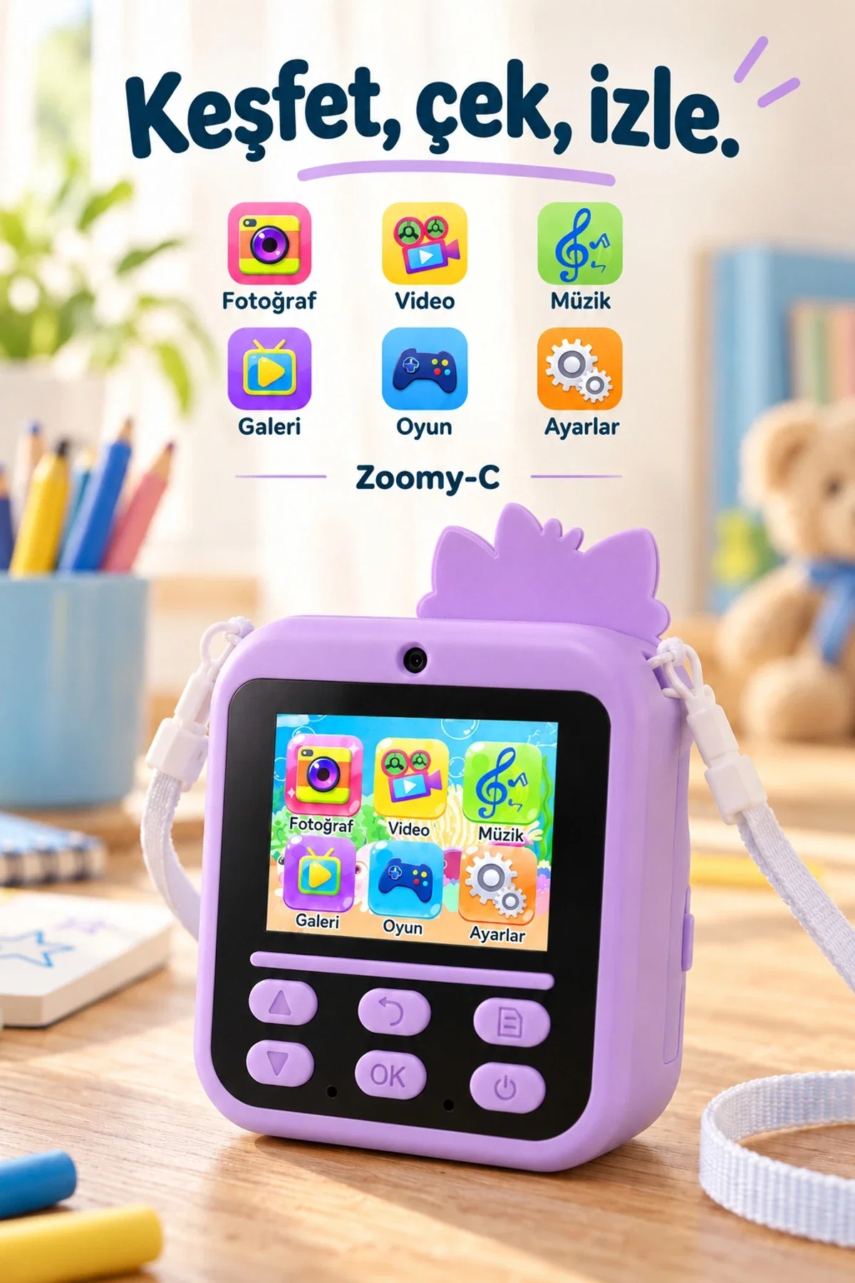 KATJMER KJ/ZM-001 ZOOMY-C KEDİ FİGÜRLÜ ANINDA BASKILI ÇOCUK KAMERASI - MOR - Görsel 4