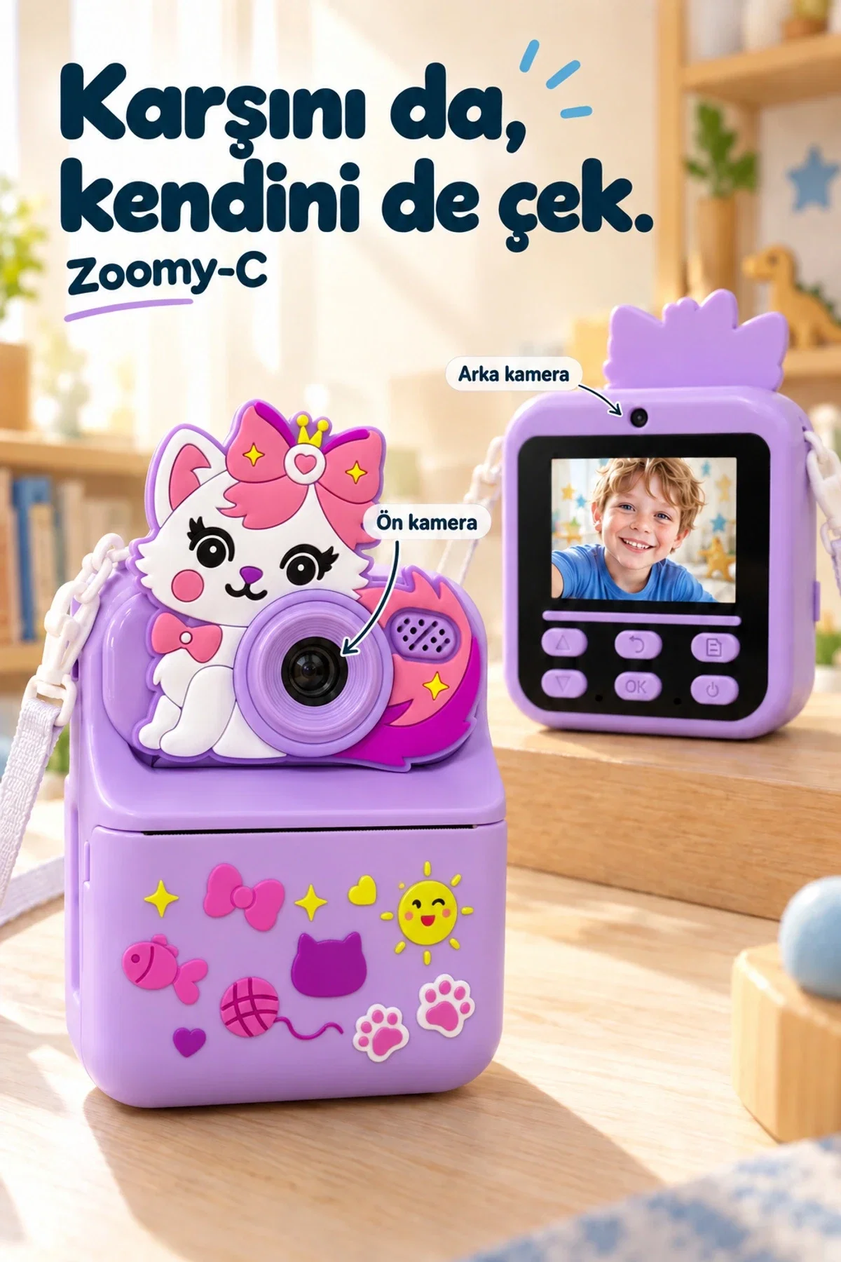 KATJMER KJ/ZM-001 ZOOMY-C KEDİ FİGÜRLÜ ANINDA BASKILI ÇOCUK KAMERASI - MOR - Görsel 3