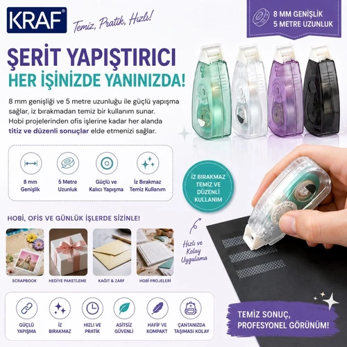 Kraf Glue Tape Şerit Yapıştırıcı 8 mm x 5 mt. 806G - Görsel 1
