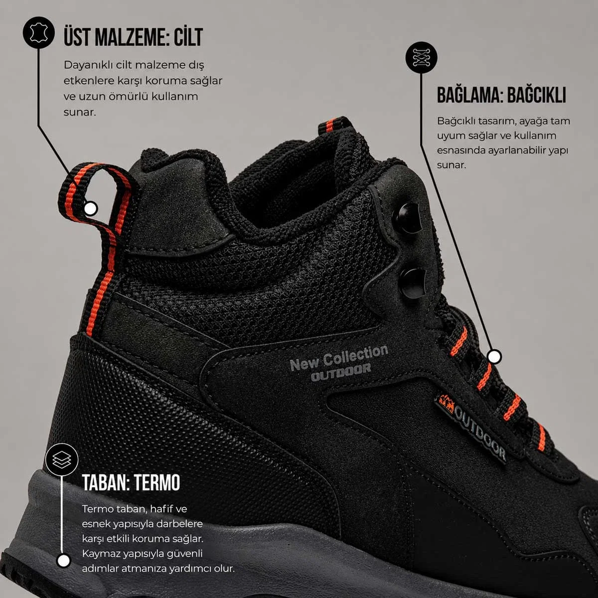 Lambirlent Garson Trekking Bot 1250-4 Cilt Denye Siyah Oranj