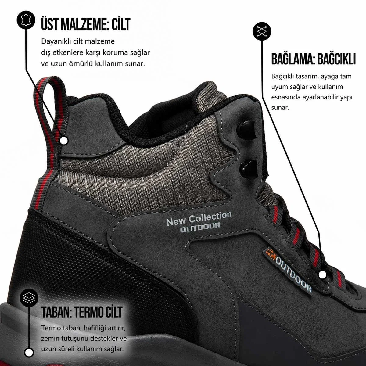 Lambirlent Erkek Trekking Bot 1250-9 Cilt Denye Füme Siyah Kırmızı Tbn Füme Kırmızı - Görsel 4